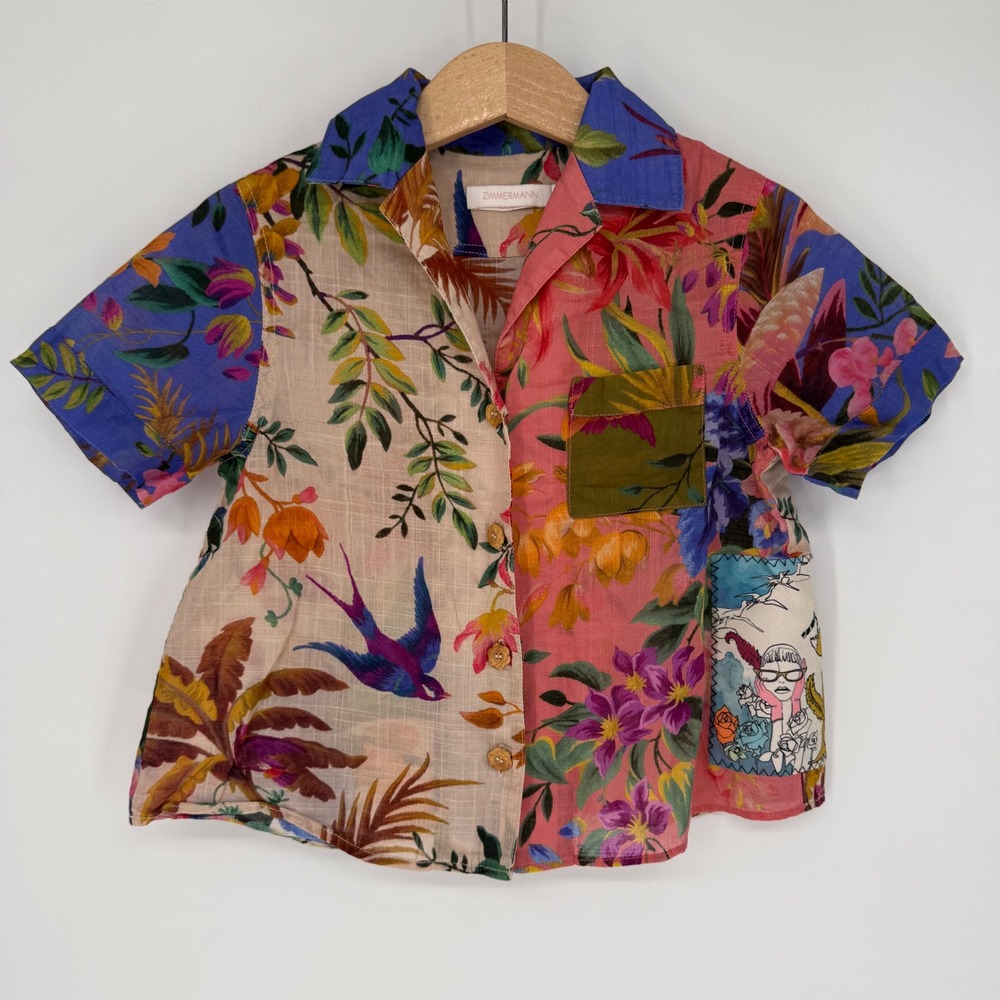 ZIMMERMANN KIDS TROPICANA SPLICED SHORT SLEEVE SHIRT 100% COTTON SIZE 4 COLORFUL